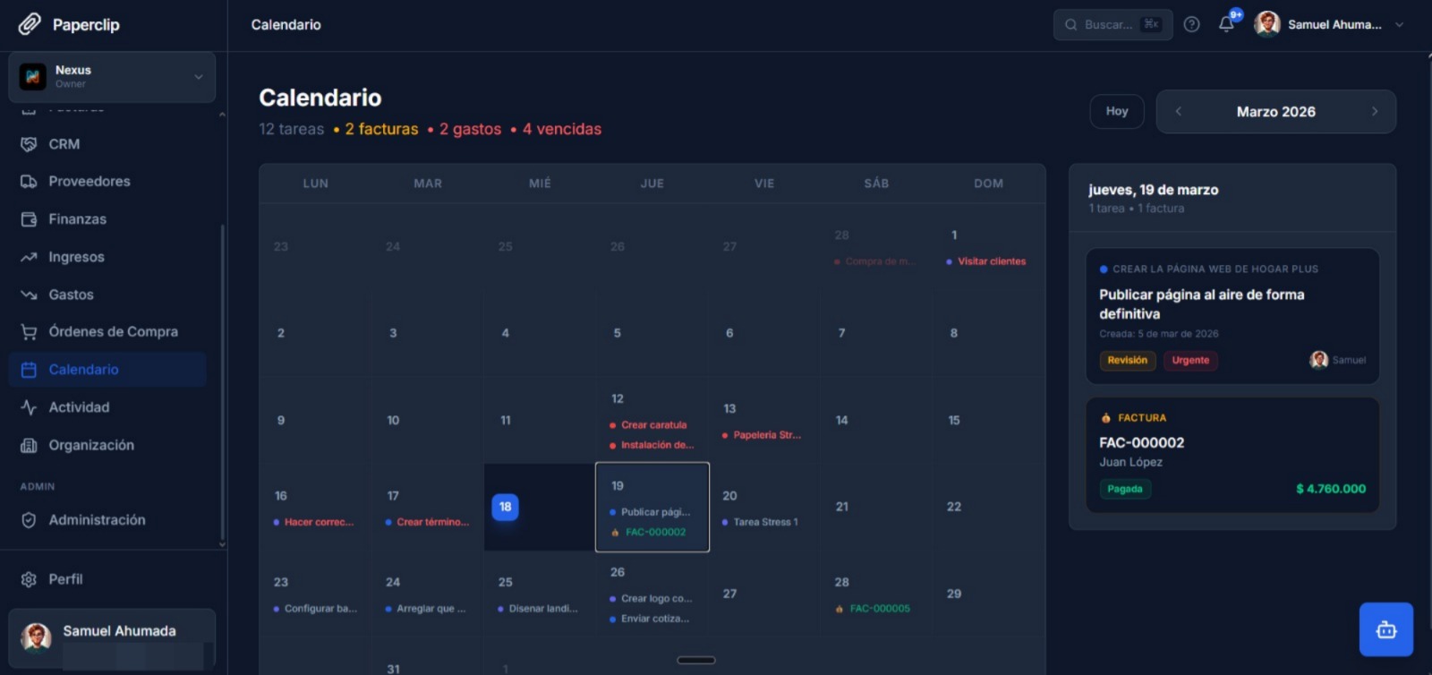 Vista de calendario mensual integrando tareas, facturas y gastos por fecha