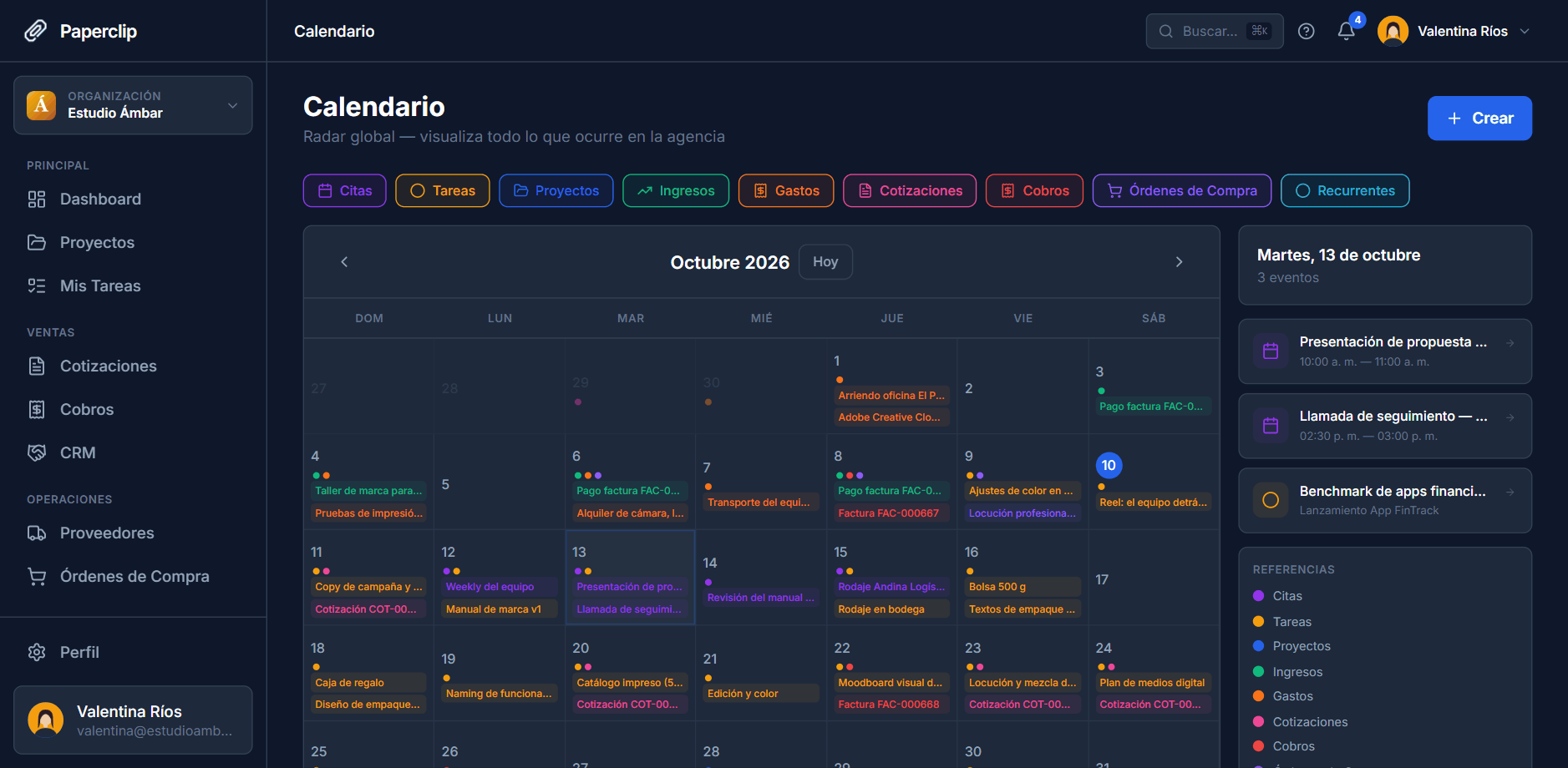 Calendario mensual con citas, tareas, proyectos, ingresos, gastos, cotizaciones, facturas, órdenes de compra y recurrentes, cada uno con su color.